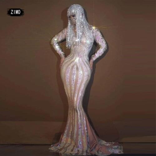 Sequin Rhinestones long sleeve Dress and headwear Womens sexy Prom Party Celebrate Long Tail Dress stage Evening designer runway