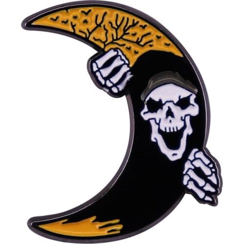 HOSENG Black White Skull and Moon Halloween Badge Alloy Neo-Gothic Coat Lapel Jewelry Enamel Pin Brooch Gift HS_531