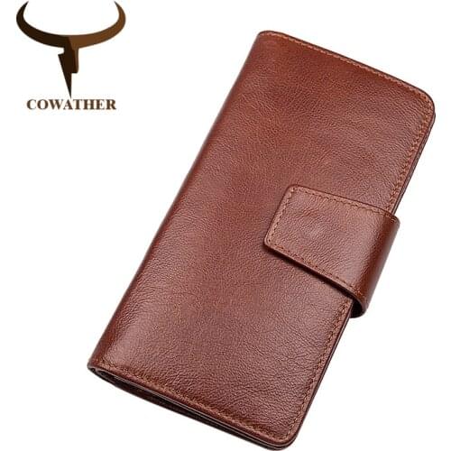 COWATHER top cow genuine leather wallets long style male purse for business men coffee high quality leather wallets men purses