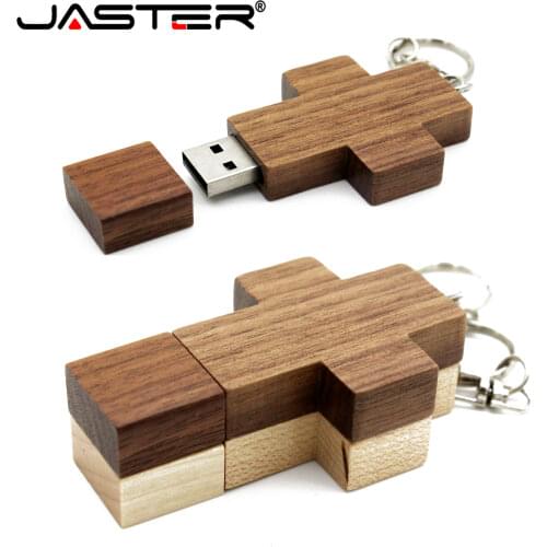 JASTER (over 1 PCS free LOGO) wooden cross USB 2.0 usb flash drive keychain pendrive 4GB 16GB 32GB 64GB gift customer LOGO