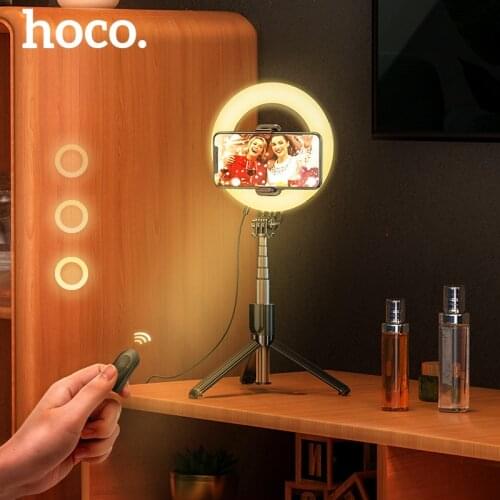 HOCO Ring Light With Tripod Stand Phone Holder 3 Light Modes Selfie Ring Light Kit Wireless Bluetooth Selfie Stick Handheld