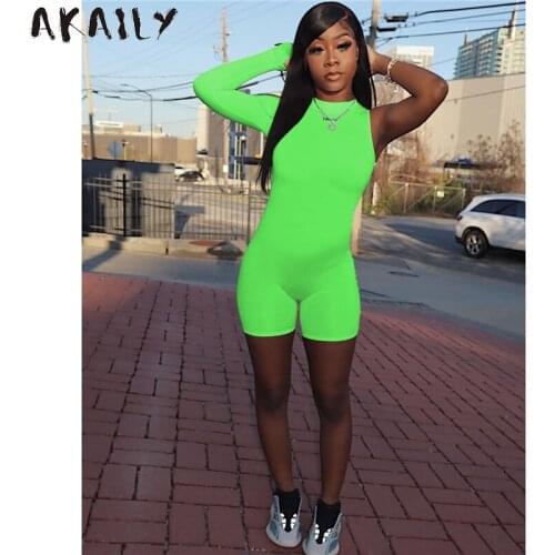 Akaily Summer Streetwear Solid Slim One Shoulder Rompers Women Black O Neck Bodycon Short Jumpsuit Female One Piece Outfit 2021