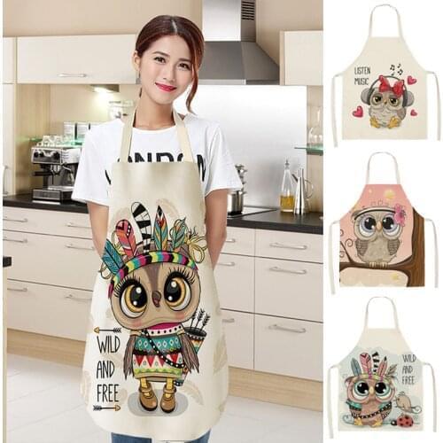 Cartoon Owl Kitchen Cooking Aprons For Women Men Party Baking Bibs Cotton Linen Household Cleaning Cooking Apron