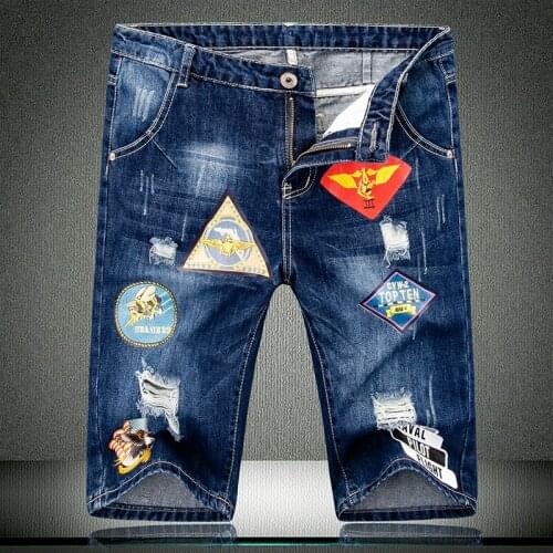 Short Cool 2020 Men Summer Denim Shorts US Air Force Eagle Design Straight Male Hole Frayed knee length Jeans 525