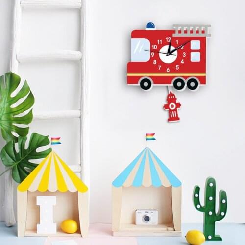 Cartoon Fire Truck Wall Clock Home Children Bedroom Living Room Silent Pendulum Clock Kindergarten Decor