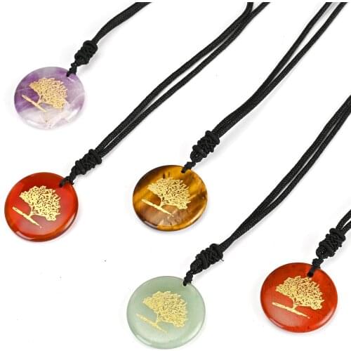 Natural Crystal Semi-Precious Stones Aura Reiki Chakras Pendant Tree Of Life Charm Women Jewelry Necklaces