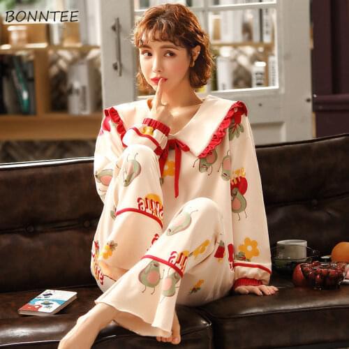 Pajama Sets Women Simple Sweet Print Long Sleeve Daily Loose Korean Girls Pijamas Sleepwear Preppy Cute Spring Fall Homewear New