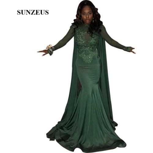 Mermaid Long Sleeves Green Prom Dresses With Long Cape Back Elegant High Neck Appliques Party Gowns With Beads
