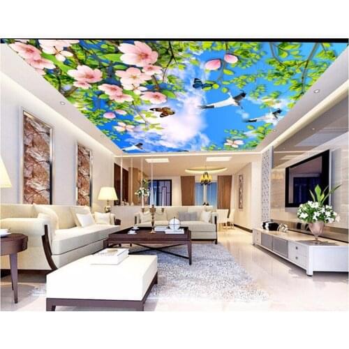 Custom 3d ceiling murals wallpaper Plants and flowers and blue sky and white clouds 3d wall murals wallpaper for living room