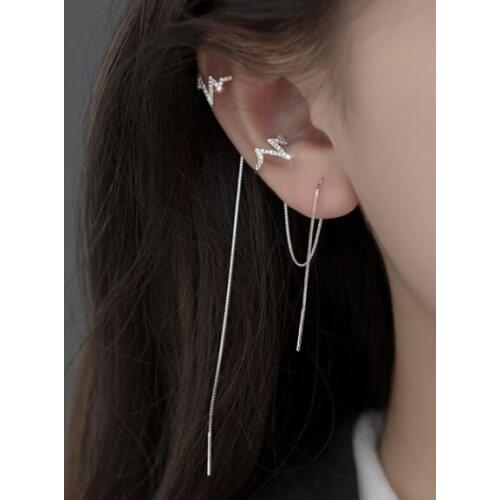 Real. 925 Sterling Silver jewelry CZ Set 4A+ electrocardiogram Wave Piercing Through Long Chain Earrings Pull Through C-G7577