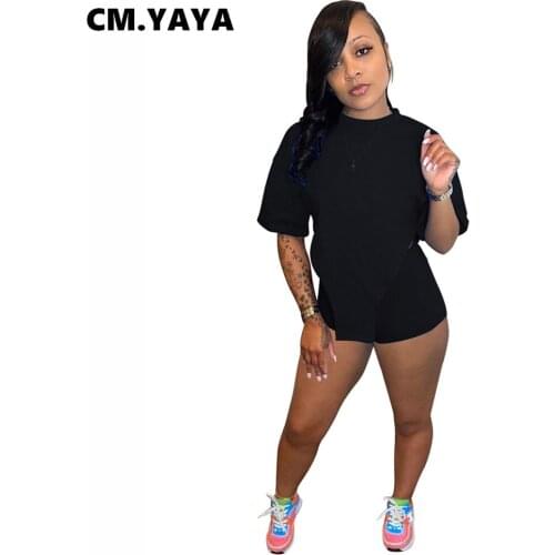 CM.YAYA Women Set Solid Short Sleeve O-neck T-shirts and Shorts Two 2 Piece Set Active Tracksuit Sweatsuit Summer Outfits 2021