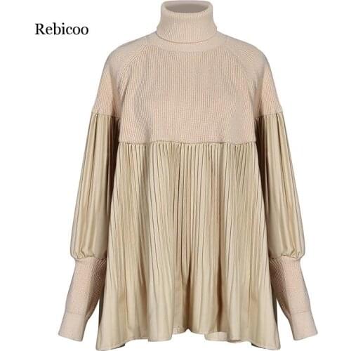 Patchwork Pleated Knitting Sweaters For Female Turtleneck Lantern Long Sleeve Loose Sweater Women Fashion Clothing