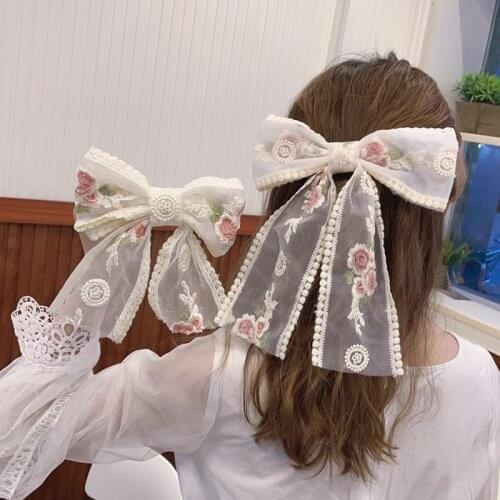 Korean Embroidery Huge Bow Hairpins Super Fairy Lace Hair Clips Girls Wedding Ribbon Headwear Ponytail Fashion Hair Accessories