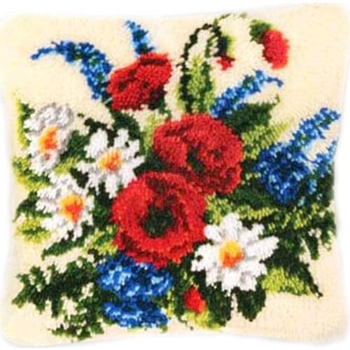 DIY Latch Hook Rug Kits Pillowcase Crocheting Cushion Carpet Cover Mat 3D Cartoon Flower Sewing Needlework for Adults Kids Gift