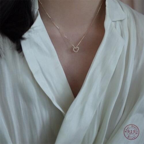 925 Sterling Silver Simple Zircon Heart Pendant Clavicle Chain Necklace Women Classic Fashion 14k Real Gold Jewelry