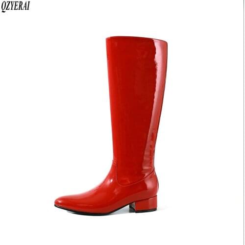 QZYERAI New style Knee-length rider boots Genuine leather Female boots Womens boots Red black cowhide Womens shoes