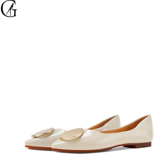 GOXEOU Womens Flats Patent Leather Apricot Green Yellow Pink Black Round Metal Buckle Pointed Toe Office Lady Shoes Size 35-40