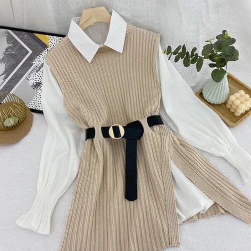 2021 Autumn Winter Womens Shirt Vest Two Piece Set New Lantern Sleeve Lapel Shirt Knitted Vest Two Piece Top Womens Sets Y592