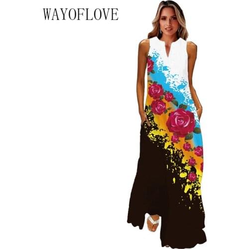 WAYOFLOVE Rose Print Girls Dress 2021 Vintage Casual Party Plus Size Long Dresses Summer Woman Sleeveless Beach Maxi Dress Women