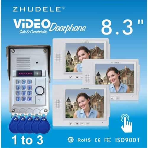ZHUDELE Home Security Intercom System Kits 3X8.3"Video Door Phone+1 CCD Camera,Waterproof Cover Password&Inductive Card Unlock