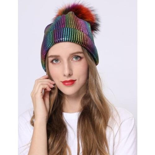 Sparkling Pompom Winter Hats New Women Fashion Beanie Autumn Female Knit Hat Removable Real Raccoon Fur Ball Gilding Caps