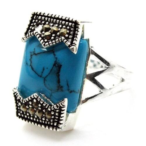 12*20mm Fashion 925 Sterling Silver Blue Natural Turquoise Marcasite Ring Size 7/8/9/10