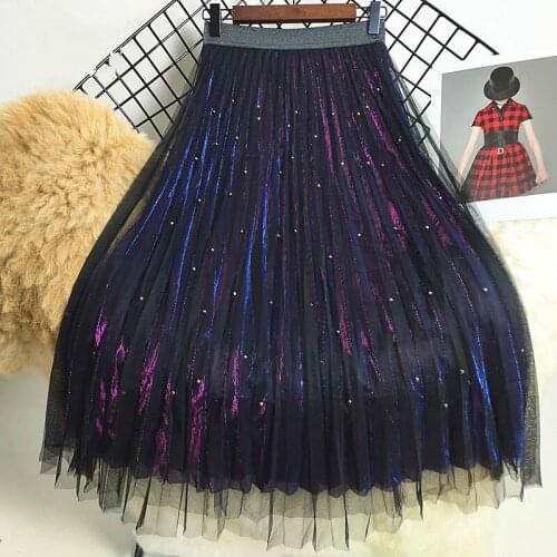2020 New Summer Women Mid-Calf Mesh A-Line Elastic High Waist Pleated Skirts Ladies Elegant Beading Petticoat Tulle Skirts Z101