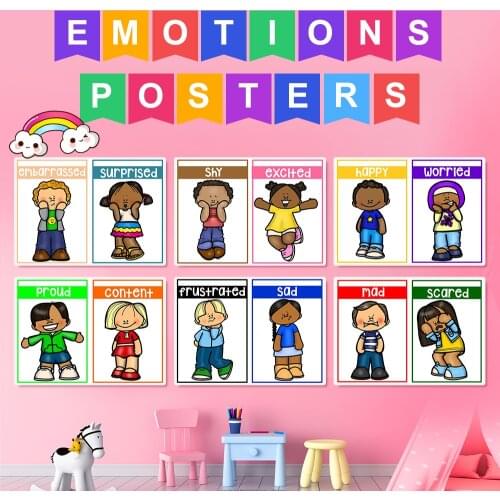A4 6PCS Cartoon Emotions feeling Posters education Baby Leanring English Education flash Cards Kindergarten school Poster