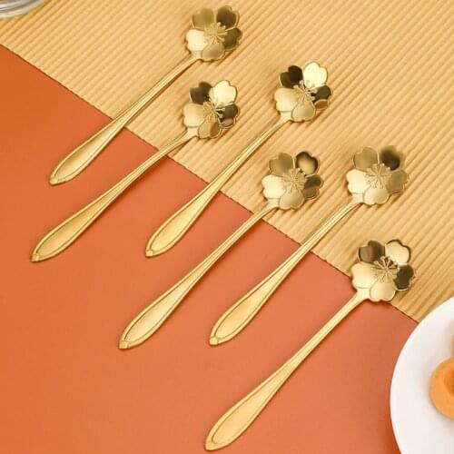 6pcs Stainless Steel Golden Cherry Spoon Coffee Dessert Cake Spoon Long Handle Rose Heart Shape Spoon Creative Kitchen Tableware