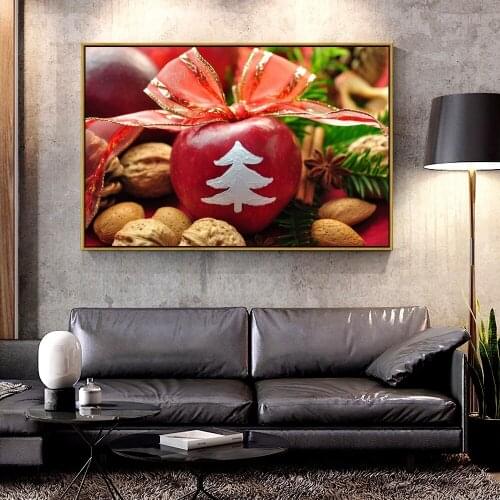 Artcozy Oil Canvas Painting new_year_holiday_table_apples_ribbon_bow_decoration_walnuts_pine_ For Home Decoration Wall Art