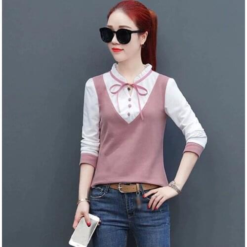 Women Blouses Shirt Female Long Sleeve Casual Striped Patchwork Fake Two Pieces womens tops blouses chemise femme blusas DD2262