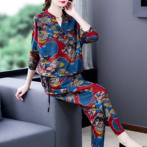 Floral Vintage 2 Piece Sets Womens Outfits Spring Top And Harem Pants Ethnic Style Elegant Middle-Aged WomenS Pantsuit AA5543