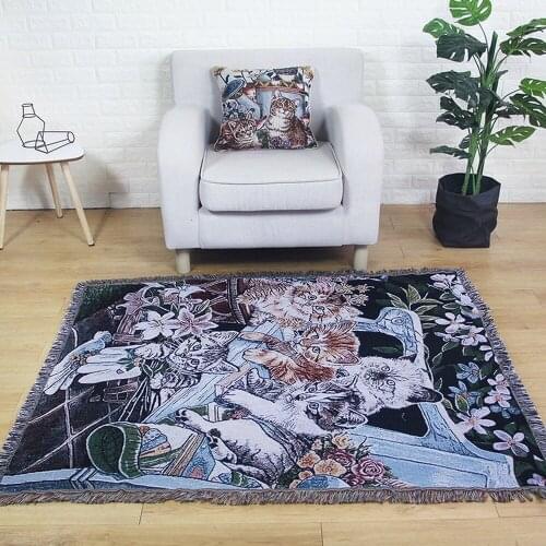 Cute Cat Cotton Line Home Blanket Retro Decor Tapestry Wall Hanging Sofa Dust Towel Covers Bedroom Living Room Carpet Rug Mat