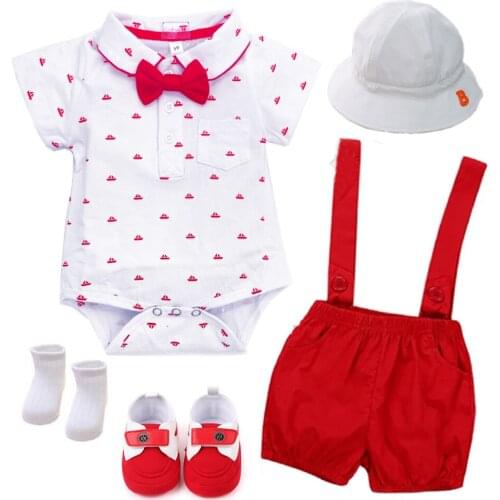 Newborn Red Clothes Cotton Baby Boys Birthday Dress With Cap Shoes 5 PCS Outfits 0-18M Children Holiday Party Costume Short