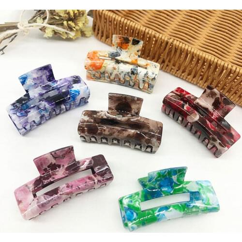 Korean Vintage Acetate Resin Marble Bohemian Print Hairpins Hair Claws Clamp For Women Geometric Acetate Rectangle Hair Clips