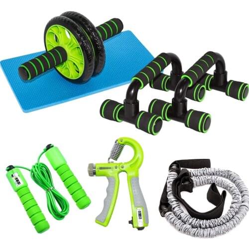 6 In 1 AB Wheel Roller Kit with Exercise Bands Speed Jump Rope Hand Grip Push UP Bar and Knee Pad Gym Equipment