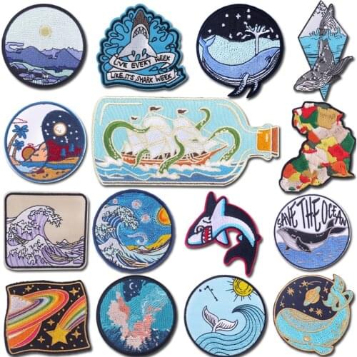 Prajna Cartoons Whale Patch Applique DIY Embroidered Patches for Clothing Stickers Badge Waves Patch Iron on Patches on Clothes