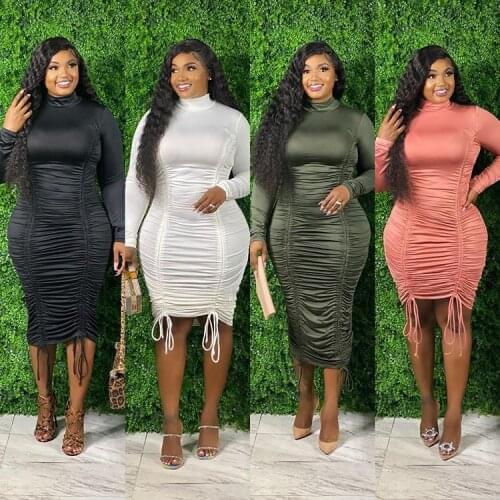 2020 Autumn and Winter New Plus Size Womens Dresses Solid Sexy Half High Collar Drawstring High Neck Long Sleeve Woman Dress