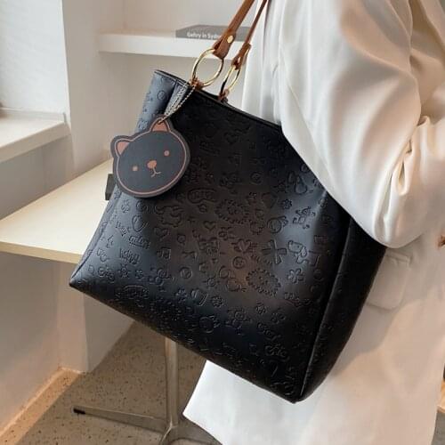 Cartoon Print Tote Bags for Women 2021 New Black Big Shopper Bag Roomy Casual Pu Leather Handbag Lady Large Travel Shoulder Bag