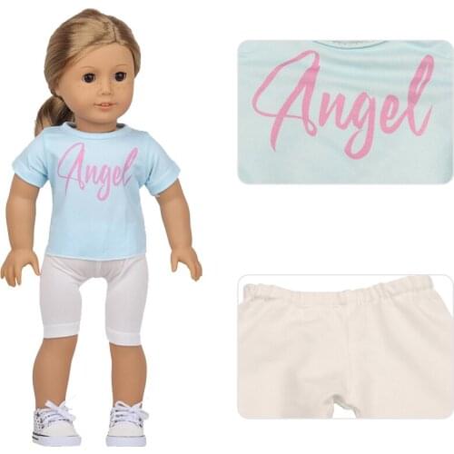 2021 New Clothes Angel Letter T-shirt Shorts Suit Fit 18 Inch American&43cm Baby New Born Doll Clothes Accessories,OG Childrens