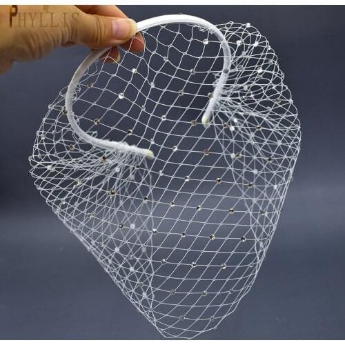 JM06 White Black Headband Veil for Bridal Crystal Birdcage Face Net Mask Bling White Diamante Hair Hoop Headband Veil Face Veil