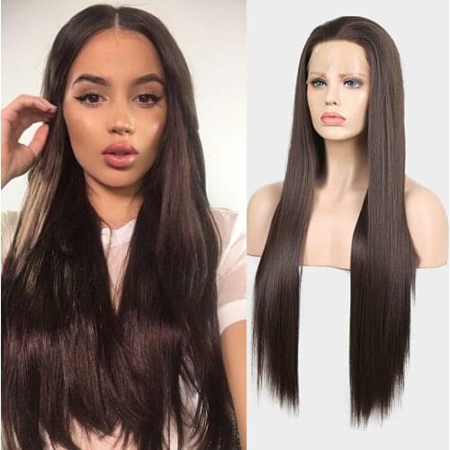 AIMEYA Brown Lace Front Wig Long Straight Middle Part Cosplay Wig Heat Resistant Hair Lace Frontal Wigs for Women