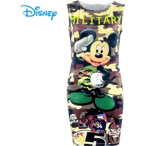 Disney Mickey Minnie Mouse Dress Women Girls Summer Sexy Bodycon O-Neck Sleeveless Camouflage Camo Slim Mini Pencil Dresses