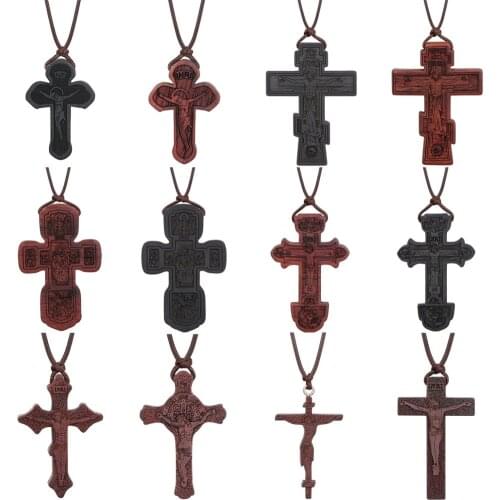 Religious Umbila Ebony Wooden Orthodox Cross Necklace INRI St.Benedict Crucifix Jesus Pendant Necklaces for Men Prayer Jewelry