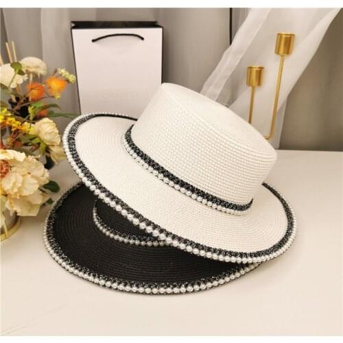 Pearl Lace Straw Hat Temperament Hat Female Leisure Travel Vacation Travel Sunshade Beach White Bucket Hat