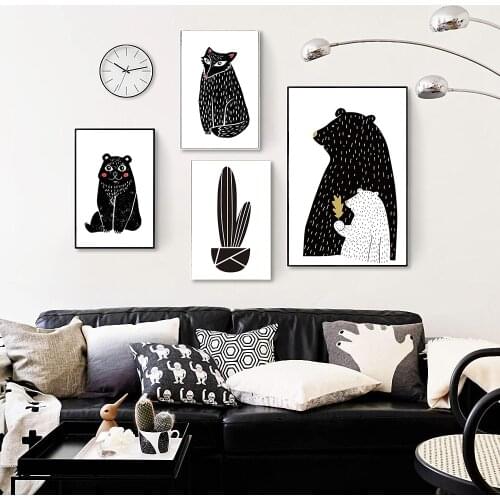 Morden Simple Canvas Paintings Printed Posters Nordic Cactus And Bear For Childrens Room Wall Decoration