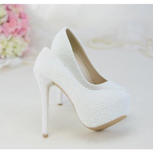 Wedding Shoes Pure White Pearls High Heels Platform Bride Bridesmaids Pumps Evening Dress Plus Size 11 2cm Wedges Comfortable