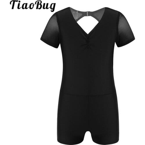 TiaoBug Kids Short Sleeve Cutout Tulle Back Professional Gymnastics Leotard Sports Unitards Girls Ballet Dancewear Stage Costume