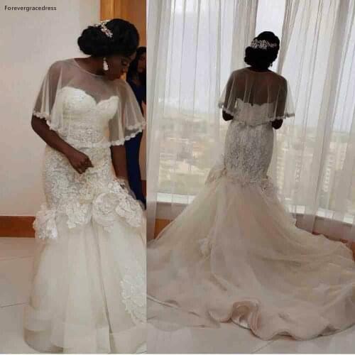 African Girls Mermaid Wedding Dresses With Sheer Wrap Lace Backless Tulle Court Train Bridal Gowns Plus Size
