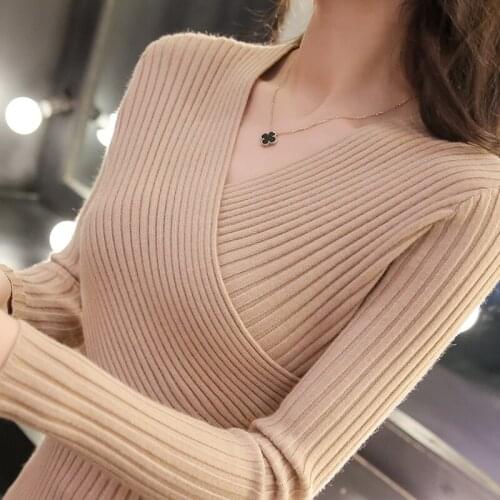 Knitted Cross V-neck Top, Fit-fitting Bottom Shirt, Long Sleeve Short Pullover, New Autumn and Winter 2008